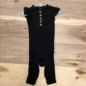 Posh Peanut Black Ribbed One-Piece Romper with Wood Buttons